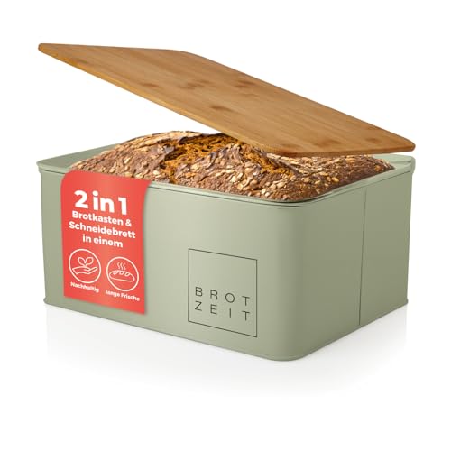 Lumaland Cuisine Brotkasten | Brotdose aus Metall mit Bambus Deckel | Brotbox rechteckig 30,5 x 23,5 x 14 cm | 2in1 Brotbehälter & Schneidebrett [Mintgrün] von Lumaland
