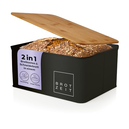 Lumaland Cuisine Brotkasten | Brotdose aus Metall mit Bambus Deckel | Brotbox rechteckig 30,5 x 23,5 x 14 cm | 2in1 Brotbehälter & Schneidebrett [Schwarz] von Lumaland