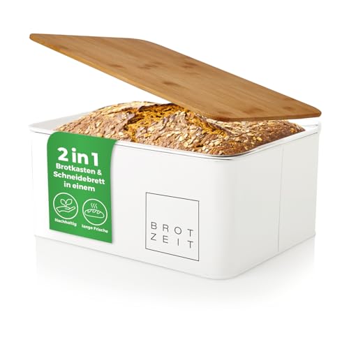Lumaland Cuisine Brotkasten | Brotdose aus Metall mit Bambus Deckel | Brotbox rechteckig 30,5 x 23,5 x 14 cm | 2in1 Brotbehälter & Schneidebrett [Weiß] von Lumaland