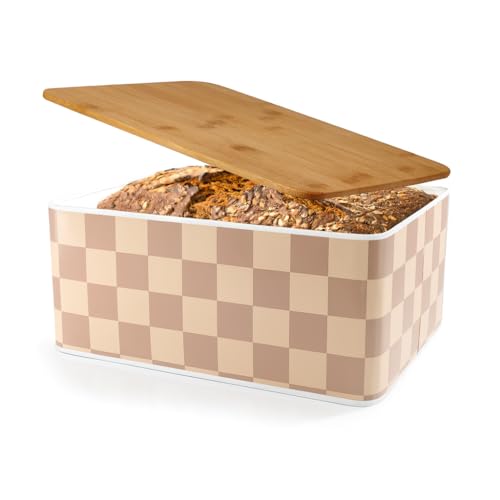 Lumaland Cuisine Brotkasten in trendigem Karo-Design Brotdose aus Metall mit Bambus Deckel | Brotbox rechteckig – 8 L | Holzdeckel multifunktional – 2in1 Brotbehälter & Schneidebrett von Lumaland