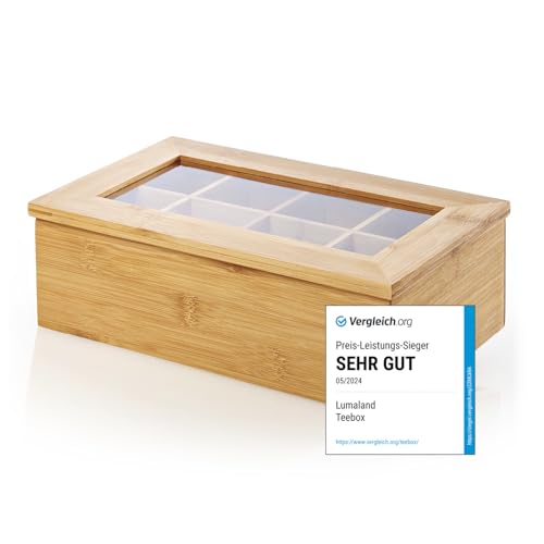Lumaland Cuisine Teebox aus Bambus mit 8 Fächern 26 x 16 x 9 cm | Nachhaltiges Material | Praktische Aufbewahrungsbox für Teebeutel | Dekorativ & Edel von Lumaland