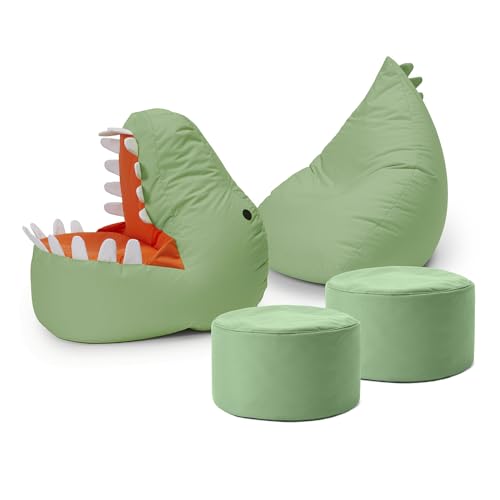 Lumaland Kindersitzsack-Set Dino, 4-TLG. | Sitzsack für Outdoor & Indoor| Sessel BZW. Kindersofa mit Füllung, ideal fürs Kinderzimmer | 1 x Dino, 1 x Monster & 2 x Pouf von Lumaland