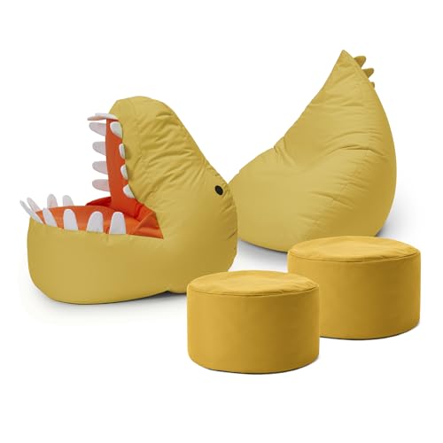 Lumaland Kindersitzsack-Set Dino, 4-TLG. | Sitzsack für Outdoor & Indoor| Sessel BZW. Kindersofa mit Füllung, ideal fürs Kinderzimmer | 1 x Dino, 1 x Monster & 2 x Pouf von Lumaland