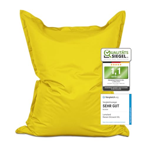 Lumaland Riesen-Sitzsack XXL 140x180 cm | Wasserfestes Indoor & Outdoor Liegekissen mit über 3 Mio. anpassungsfähigen EPS-Perlen | Bean Bag mit waschbarem Bezug [Gelb] von Lumaland