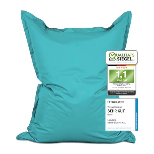 Lumaland Riesen-Sitzsack XXL 140x180 cm | Wasserfestes Indoor & Outdoor Liegekissen mit über 3 Mio. anpassungsfähigen EPS-Perlen | Bean Bag mit waschbarem Bezug [Aquamarin] von Lumaland