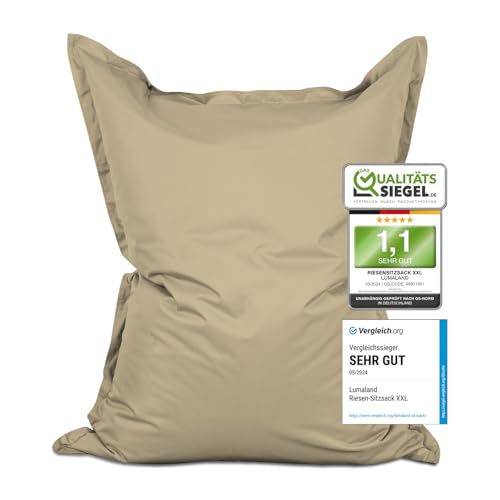 Lumaland Riesen-Sitzsack XXL 140x180 cm | Wasserfestes Indoor & Outdoor Liegekissen mit über 3 Mio. anpassungsfähigen EPS-Perlen | Bean Bag mit waschbarem Bezug & 5 Jahren Garantie [Beige] von Lumaland