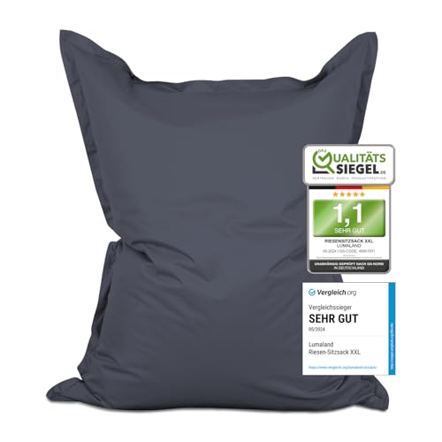 Lumaland Riesen-Sitzsack XXL 140x180 cm | Wasserfestes Indoor & Outdoor Liegekissen mit über 3 Mio. anpassungsfähigen EPS-Perlen | Bean Bag mit waschbarem Bezug [Stahlgrau] von Lumaland