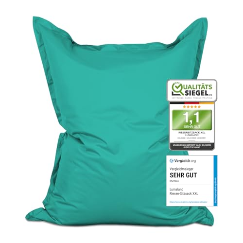 Lumaland Riesen-Sitzsack XXL 140x180 cm | Wasserfestes Indoor & Outdoor Liegekissen mit über 3 Mio. anpassungsfähigen EPS-Perlen | Bean Bag mit waschbarem Bezug [Türkis] von Lumaland