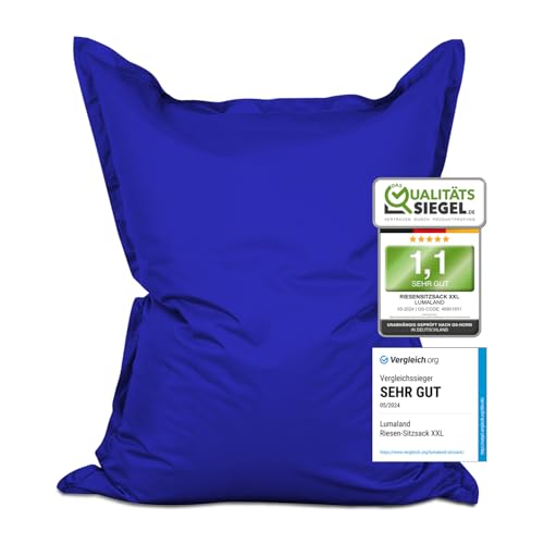 Lumaland Riesen-Sitzsack XXL 140x180 cm | Wasserfestes Indoor & Outdoor Liegekissen mit über 3 Mio. anpassungsfähigen EPS-Perlen | Bean Bag mit waschbarem Bezug [Royalblau] von Lumaland