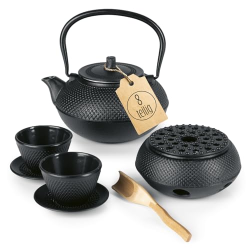 Lumaland Tee Set 8-teilig | 1,4 Liter Gusseiserne Teekanne Tetsubin | Stövchen aus Gusseisen | 2 Teebecher & 2 Untersetzer | Japanisches Teeset Inkl. Bambus Dosierlöffel & Edelstahl Sieb von Lumaland