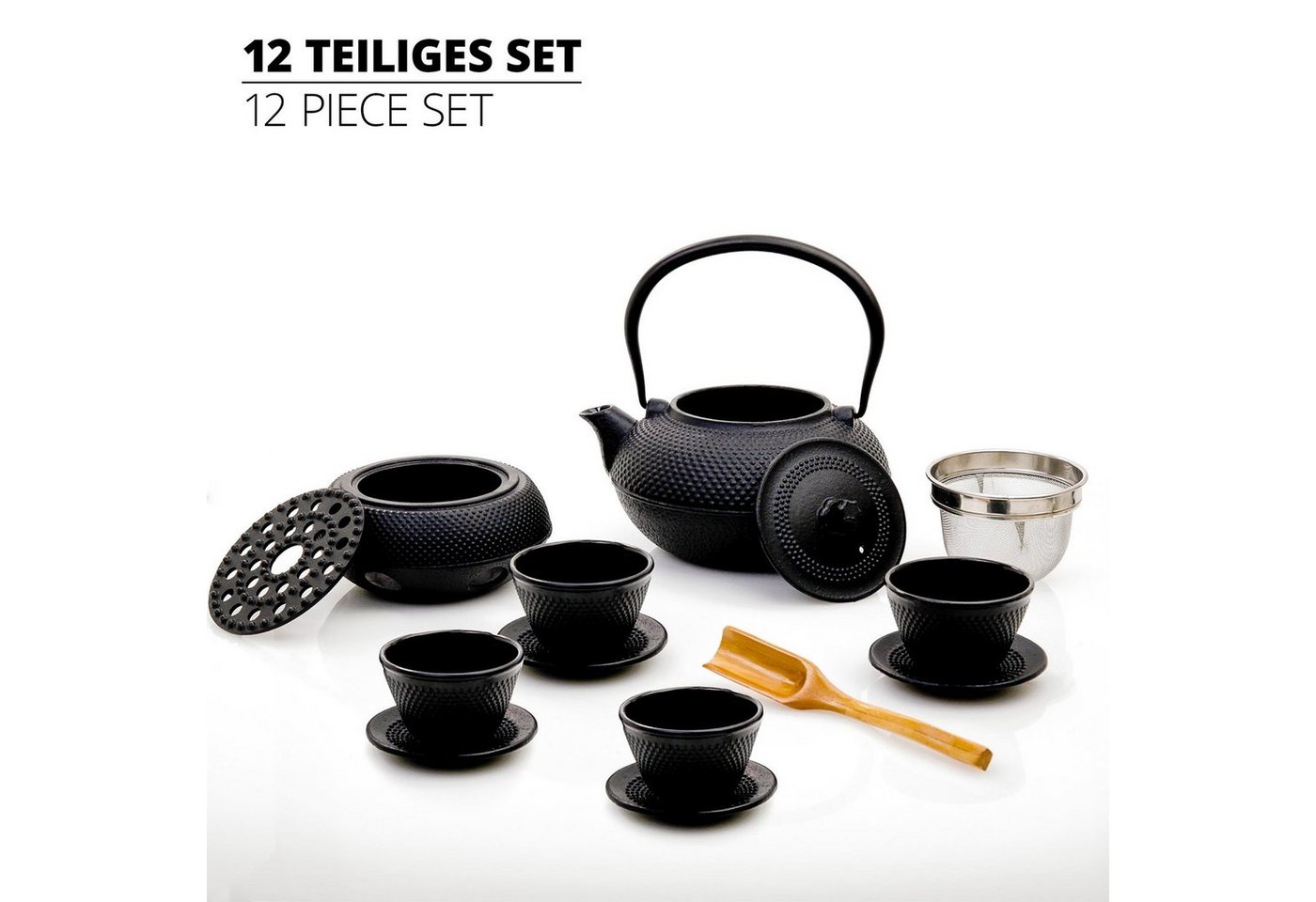 Lumaland Teeservice Set (12-tlg), 4 Personen, emailliertem Gusseisen, asiatisch 1,4L Teekanne Sieb Stövchen 4 Teebecher und 4 Untersetzer von Lumaland