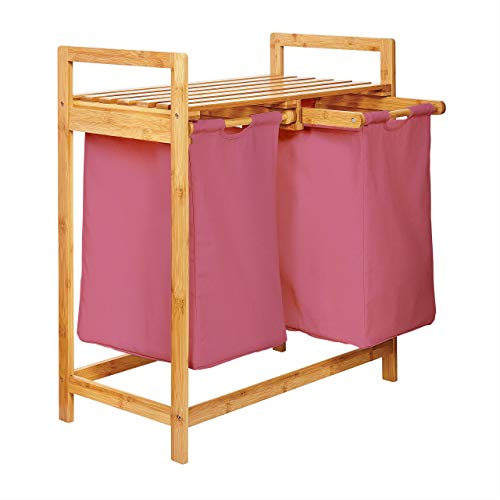 Lumaland Wäschekorb aus Bambus mit 2 ausziehbaren Wäschesäcken | Größe ca. 73 cm Höhe x 64 cm Breite x 33 cm Tiefe, Farbe: Rosa von Lumaland