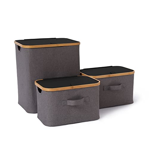 Lumaland Bambus-Rahmen Aufbewahrungsbox 3er Set rechteckig hoch | Boxen in den Maßen 40,5 x 33 x 45 cm und 2x 38 x 26 x 23 cm [Grau/Anthrazit] von Lumaland