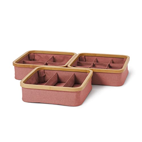Lumaland faltbarer Organizer mit Bambus-Rahmen im 3er Set drei Boxen mit unterschiedlich großen Fächern 30 x 30 x 9 cm (3/4/9 Aufteilung), Rosa von Lumaland