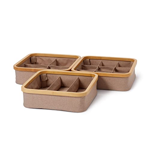 Lumaland faltbarer Organizer mit Bambus-Rahmen im 3er Set drei Boxen mit unterschiedlich großen Fächern 30 x 30 x 9 cm (3/4/9 Aufteilung), Taupe von Lumaland
