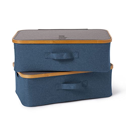 Lumaland faltbares Unterbett Aufbewahrungsbox Organizer mit Bambus-Rahmen im 2er Set Maße 54 x 33 x 18 cm, Grauer Deckel/Blau Box von Lumaland