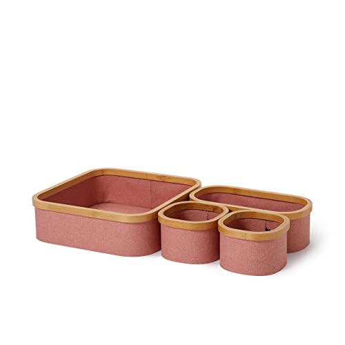 Lumaland Bambus-Rahmen Aufbewahrungsbox 4er Set rechteckig | Boxen in den Maßen 30 x 30 x 10 cm, 29,9 x 14,8 x 10 cm und zweimal 14,8 x 14,8 x 10 cm [Rosa] von Lumaland