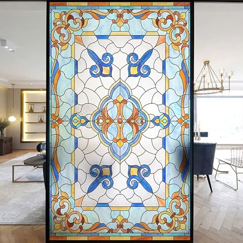 Europäische Kirche Fensterfolie Privatsphäre Buntglas Fensteraufkleber statische Haftung dekorative mattierte Fensterfolien UV-blockierende gedeckte Farben Fensterabdeckungen (E,60 x 90 cm B x H) von Lumanduo