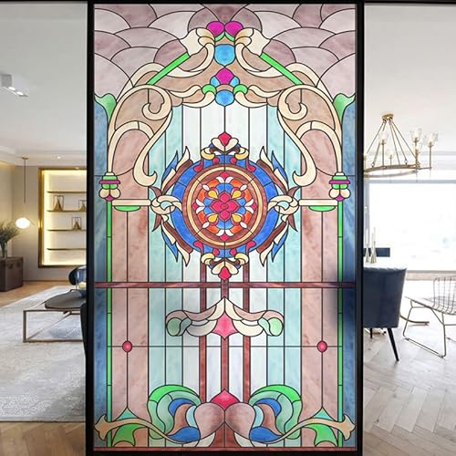 Europäische Kirche Fensterfolie Privatsphäre Buntglas Fensteraufkleber statische Haftung dekorative mattierte Fensterfolien UV-blockierende gedeckte Farben Fensterabdeckungen (J,69 x 200 cm B x H) von Lumanduo
