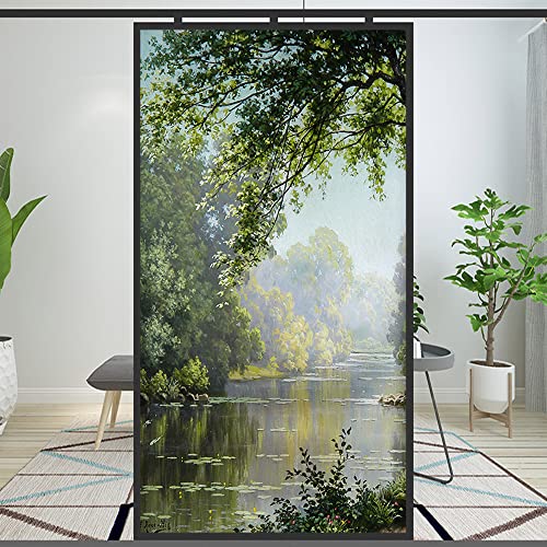 Fensterfolie Privatsphäre Dekoratives Waldbach Landschaft Ölgemälde Statisch Haftende Fensteraufkleber Kein Kleber Fensterbeläge Fenstertönung (A,69x120cm(27x47.2)) von Lumanduo