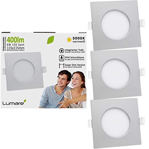 Lumare 3x LED Einbauspot 6W IP44 extra flach 230V auch für Bad und Feuchtraum silber nur 26mm Einbautiefe Slim Deckenspot quadratisch mit integriertem 400lm LED Leuchtmittel von Lumare