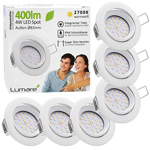 Lumare 6x LED-Einbaustrahler 4W 400 Lumen IP44 nur 27mm Flache Einbautiefe LED-Lichtmodul austauschbarer Deckenstrahler AC 230V 120° Deckenleuchte Warmweiß Silber Matt eckig Badezimmer von Lumare