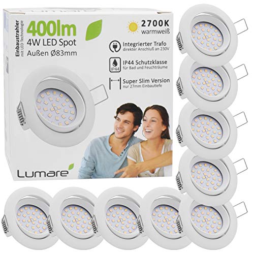 Lumare 9x LED-Einbaustrahler 4W 400 Lumen IP44 nur 27mm Extra Flache Einbautiefe LED-Lichtmodul austauschbarer Deckenstrahler AC 230V 120° Deckenleuchte Warmweiß Matt Bad von Lumare