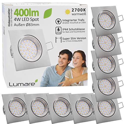 Lumare LED Einbaustrahler 4W | 2700K | IP44 Wasserdicht | 9er Set Eckig Silber | Ø75mm Bohrloch | Extra Flach 27mm Einbautiefe | Spot für Wohnzimmer, Badezimmer | LED Spots 230V - Warmweiß von Lumare