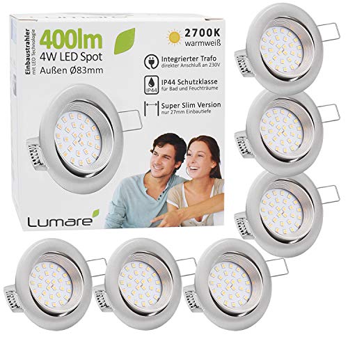Lumare LED Einbaustrahler 4W | IP44 Spritzwasser geschützt| Extra flach mit 27mm Einbautiefe | Spot für Wohnzimmer, Badezimmer | Einbauleuchten Silber Rund | Decken Spot Warmweiß 2700K | 6er Set von Lumare