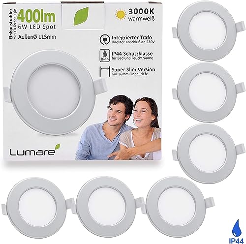 Lumare LED Einbaustrahler 6W | 400lm | Ultra flach, 26mm Einbautiefe | Ø100mm Bohrlochdurchmesser | Spot Wohnzimmer, Badezimmer | Leuchte Silber Rund | 230V | IP44 | Warmweiß 3000K | 6er Set von Lumare