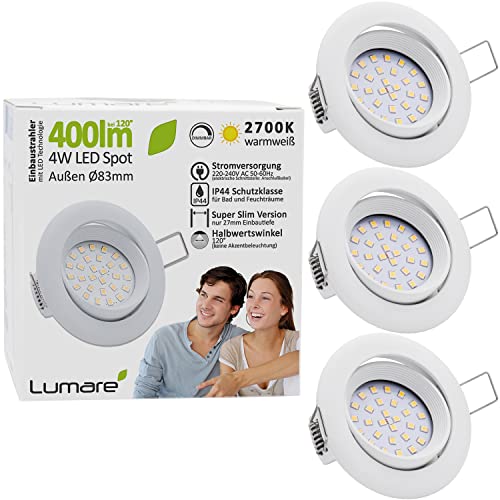 Lumare LED Einbaustrahler Dimmbar 4W 400 Lumen IP44 nur 27mm extra flach Einbautiefe LED Leuchtmodul austauschbar Deckenspot AC 230V 120° Deckenlampe Einbauspot warmweiß weiß rund Badezimmer | 3er Set von Lumare