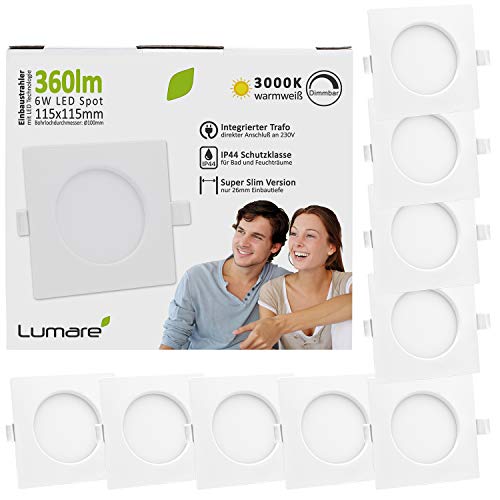 Lumare LED Einbaustrahler Dimmbar 6W | 360lm 230V IP44 Ultra flach | Einbauleuchten Weiß Eckig Quadratisch | 26mm Einbautiefe | Mini Slim Decken Spot in Warmweiß | 9er Set von Lumare