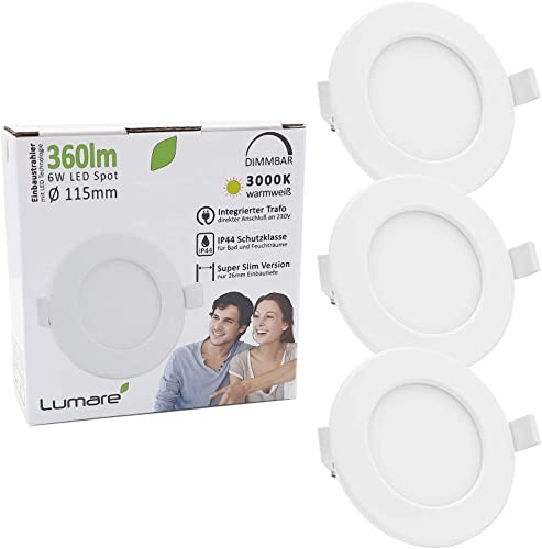 Lumare LED Einbaustrahler Dimmbar 6W | IP44 Spritzwasser geschützt | Ultra flach, 26mm Einbautiefe | Spot Wohnzimmer, Badezimmer | Einbauleuchten Weiß Rund | Slim Decken Spot warmweiß 3000K | 6er Set von Lumare