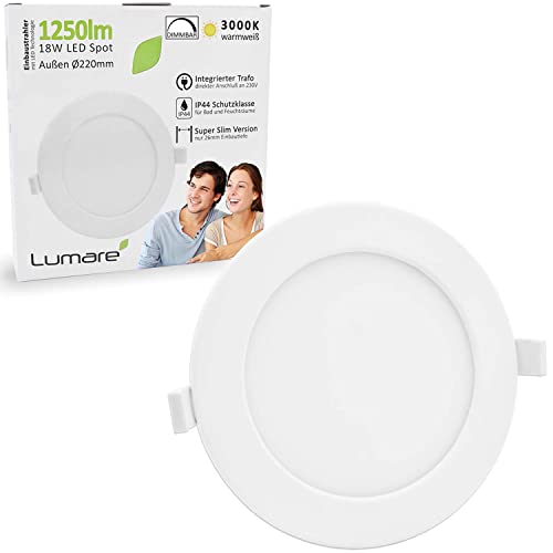 Lumare LED Einbaustrahler | Extraflache LED Spots dimmbar für Decken, Bäder und Nassräume | 230V, 18W, 26mm Lochgröße, IP44 spritzwassergeschützte Lampen | Warmweiß von Lumare