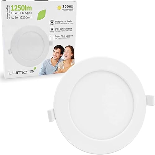 Lumare LED Einbaustrahler | Extraflache LED Spots für Decken, Bäder und Nassräume | 230V, 18W, 26mm Lochgröße, IP44 spritzwassergeschützte Lampen | Warmweiß von Lumare