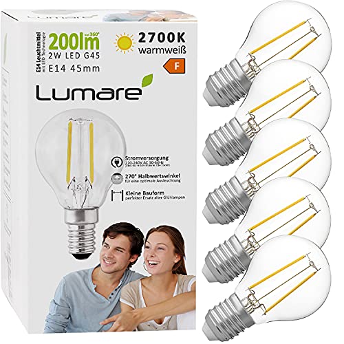 Lumare LED Energiesparlampe E14 G45 | 5er Set | LED Birne 2 Watt, 200lm | Leuchtmittel ersetzt 40 Watt Glühbirne | Warmweiss 2700K von Lumare