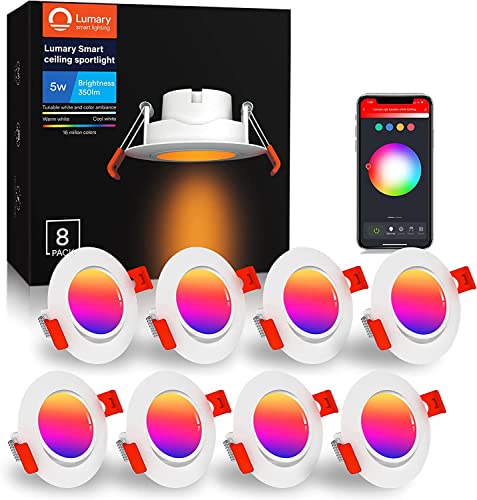Lumary Einbaustrahler LED Spot Dimmbar - Smart RGBWW Schwenkbar Ultra Flach 5W LED Einbauleuchten RGB Warmweiße Kaltweiß Einbauspot, 350lm Decken Einbauleuchte Kompatibel mit Alexa/Google Home (8PCS) von Lumary