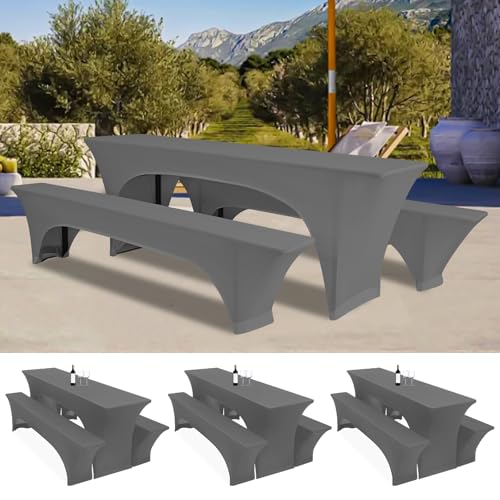 Drei 3er-Set Biertischhussen 220 x 50 x 70 cm, hussen bierzeltgarnitur, dunkelgrau, Stretch-Bezüge für Biertisch-und Bankgarnituren, Bierbankhussen, Spandex-Bierzeltgarnitur für Bankett von Lumaycens