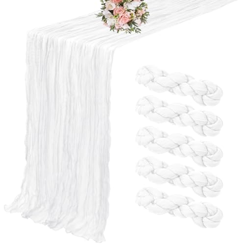 Lumaycens 5er-Pack Käsetuch-Tischläufer, weißer Tischläufer, 3 m, Tischläufer, rustikale Gaze-Tischläufer für Hochzeit, Tischdekoration, Hochzeitsbogen, Party-Dekoration (90 x 300 cm) von Lumaycens