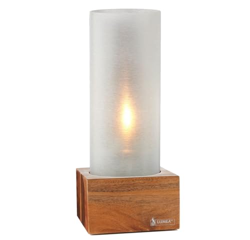 Lumea Tischlicht Tube weiß inkl. Holz-Unterteil eckig, Flüssigwachskerze & Stabfeuerzeug | Weißes Windlicht aus Acryl mit Holzunterteil | 40 Std. Brenndauer | Indoor & Outdoor | Höhe: 20cm von Lumea Ltd