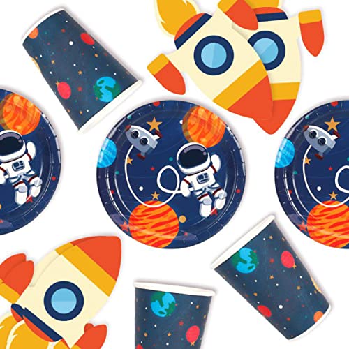 Weltraum Kindergeburtstag Party Set 48. Tlg. | 16 Teller, 16 Becher, 16 Servietten in Raketenform | Weltraum Deko Pappteller Kindergeburtstag Junge | Astronauten Party Geschirr Kindergeburtstag von LumeeStar