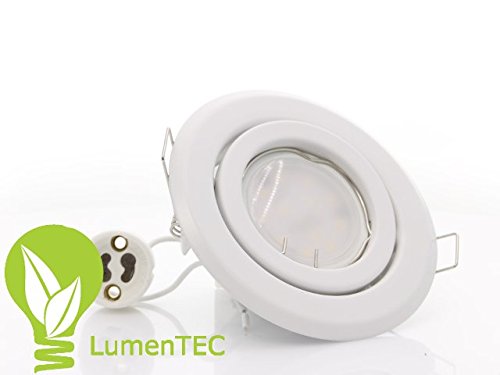 Einbaustrahler, SET: LED und Halogen Einbauspot Spot Rund Metall Weiss Schwenkwinkel ca. 35° + GU10 6 WATT LED LAMPE WARMWEISS + GU10 Fassung von LumenTEC