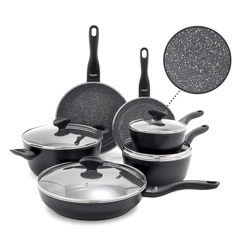Lumenflon Rigoletto 10-teiliges Kochgeschirr-Set, hergestellt in Italien, Vesuvio, geschichtete Keramik, PFAS-freie Oberfläche, Induktion, spülmaschinen- und metallgeeignet, Granit-Finish von Lumenflon
