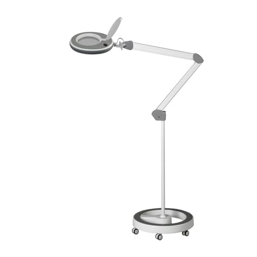 Lumeno 8213GR LED Lupenleuchte Arbeitsplatzleuchte Kosmetiklampe, einstellbare Helligkeitsstufen, kristallklare 127 mm Glaslinse, Lesehilfe/Lupe, 3 Dioptrien mit Rollstativ von Lumeno