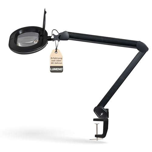 Lumeno 8613SW Lupenleuchte Arbeitsplatzlampe mit großer ovalen Linse 110x150 mm, 60 LEDs in 2 Stufen dimmbar, perfekt als Lesehilfe, für die Kosmetik, zum Löten, 3 Dioptrien schwarz von Lumeno