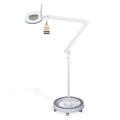 Lumeno 8615GR Lupenleuchte Arbeitsplatzlampe mit großer ovalen Linse 110x150 mm, 60 LEDs in 2 Stufen dimmbar, perfekt als Lesehilfe, für die Kosmetik oder zum Löten, 5 Dioptrien grau mit Rollstativ von Lumeno