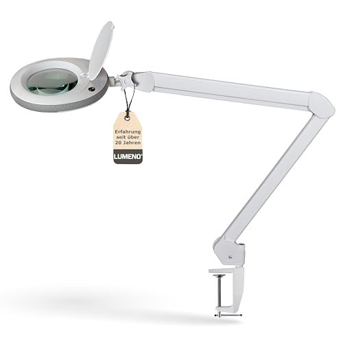 Lumeno LED Lupenleuchte 7213GR Lupenlampe mit 127 mm Echtglaslinse, Arbeitsplatzlampe, Kosmetiklampe, geeignet für Kosmetik, Bastler, Lesehilfe Vergrößerungslampe, 3 Dioptrien Grau von Lumeno