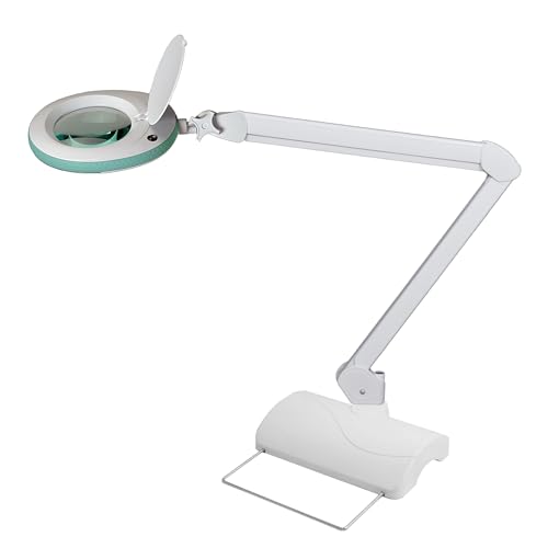 Lumeno LED Lupenleuchte 7213GN Lupenlampe mit 127 mm Echtglaslinse, Arbeitsplatzlampe, Kosmetiklampe, geeignet für Kosmetik, Bastler, Lesehilfe Vergrößerungslampe, 3 Dioptrien Grün mit Tischstativ von Lumeno