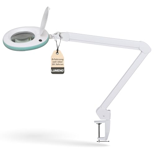Lumeno LED Lupenleuchte 7215GN Lupenlampe mit 127 mm Echtglaslinse, Arbeitsplatzlampe, Kosmetiklampe, geeignet für Kosmetik, Bastler, Lesehilfe Vergrößerungslampe, 5 Dioptrien Grün von Lumeno