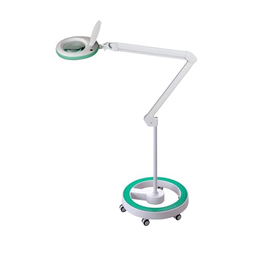 Lumeno LED Lupenleuchte 7218GN Lupenlampe mit 127 mm Echtglaslinse, Arbeitsplatzlampe, Kosmetiklampe, geeignet für Kosmetik, Bastler, Lesehilfe Vergrößerungslampe, 8 Dioptrien Grün mit Rollstativ von Lumeno